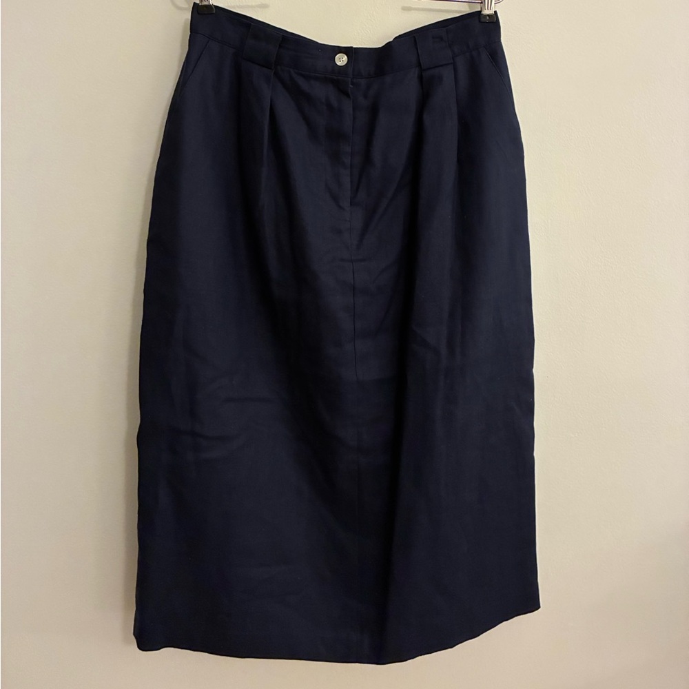 Vintage Talbots High-Waist Linen Midi Skirt with Pleats in Navy, sz 14